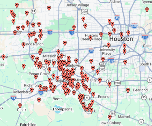 Map of painting service areas including Sugar Land, Richmond, Katy, Missouri City, Fulshear, and West Houston