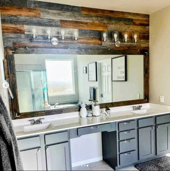 Gray Bathroom Vanity Wood Accent Wall in Southwest Houston, TX by The Proud Paintbrush