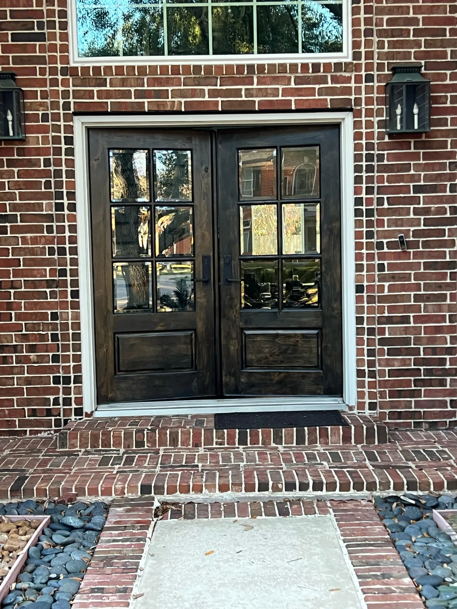 Stained Wood Double Front Door in Missouri City, TX by The Proud Paintbrush