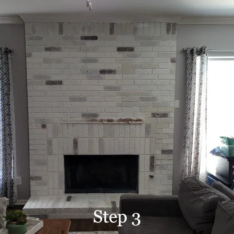 limewashed brick fireplace