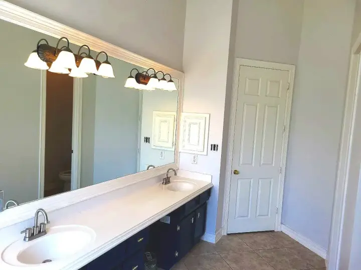 Navy vanity off white walls trim sugar land TX