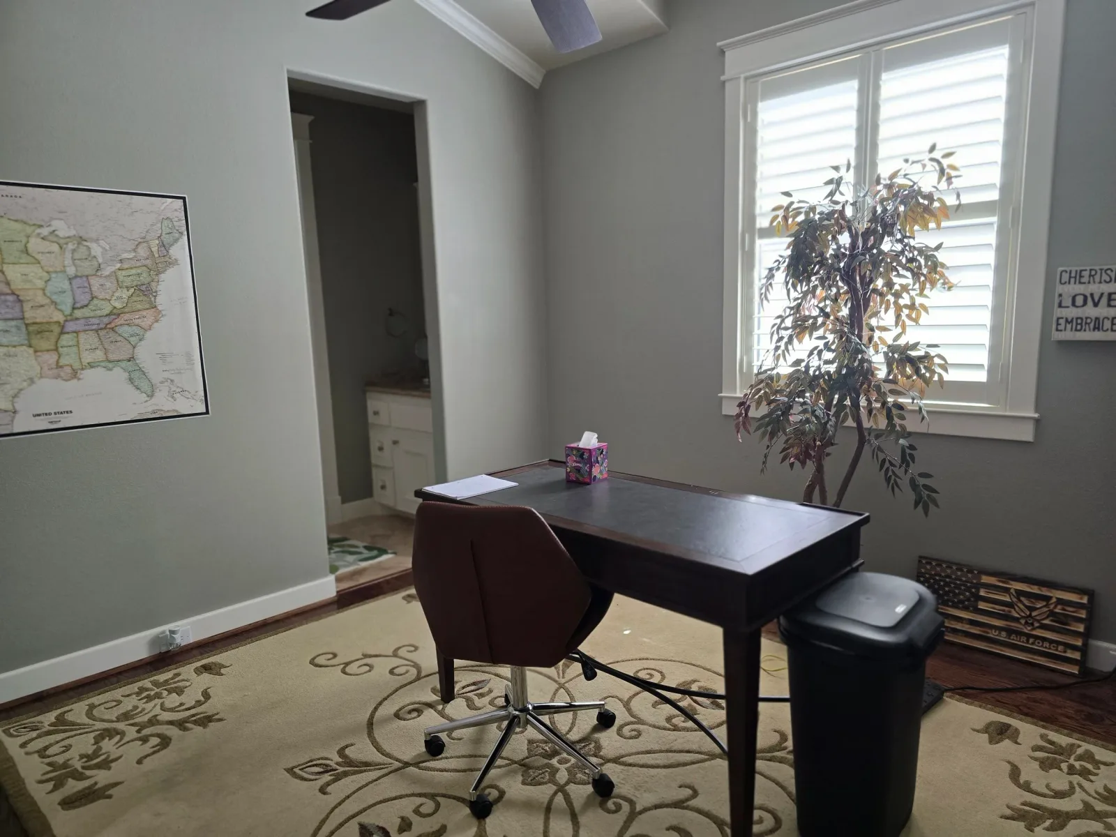 West Houston interior painting project showing a home office with light gray walls and crisp white window trim